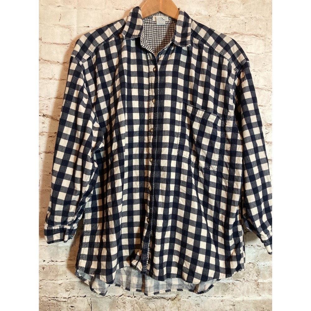 Vintage Express Flannel Top Womens Large Navy & Ivory Plaid Check Button Up